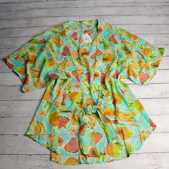Cato Women's Beach Cover Up One Size Tropical Fruit Pineapple Sheer Cardigan - Picture 1 of 9